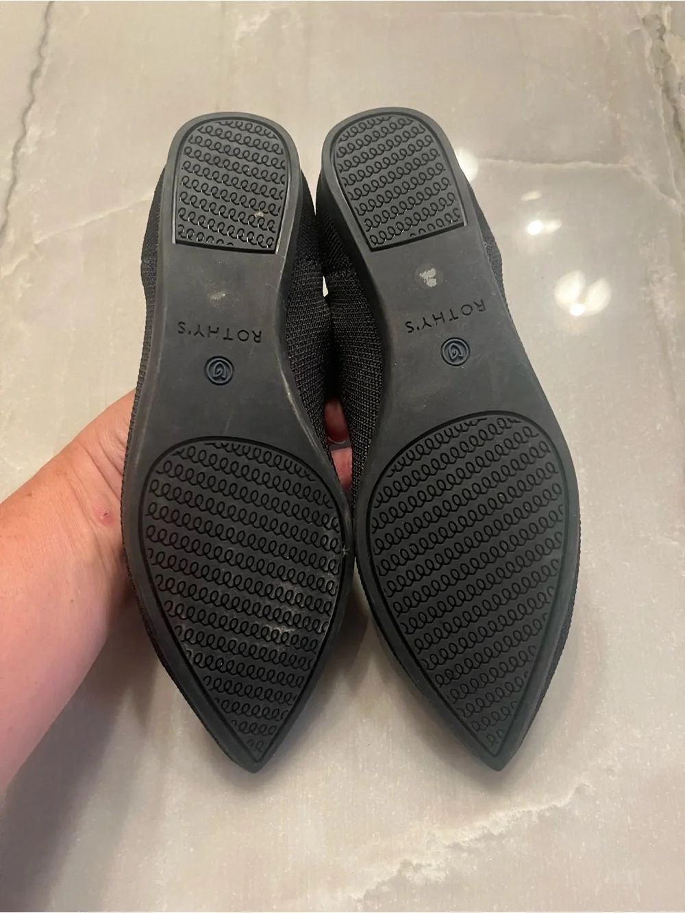 Rothy's Black Pointed Knit Flats with Blue Trim